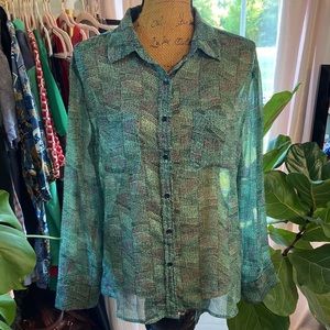 Mossimo Green Black Semi Sheer Button Down Shirt Sz S